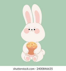 A cute white Easter bunny rabbit holds a traditional cake. Flat cartoon character for Happy Easter greeting card, invitation, sticker, web design, Easter banner. Vector illustration of Easter symbols.