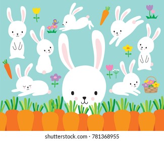 Cute White Easter Bunny Rabbit Vector Illustration And Flowers.