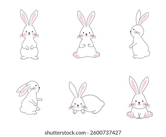 Cute white easter bunny rabbits vector outline illustration in different poses.