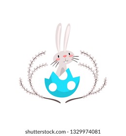 Cute White Easter Bunny Sitting in Egg Shell, Funny Rabbit Cartoon Character with Willow Twigs Vector Illustration