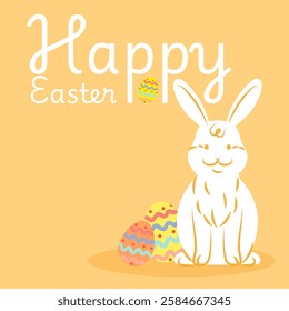 Cute white easter bunny sitting next to colorful decorated eggs on orange background with happy easter greeting