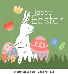 Cute white easter bunny sitting in green grass with decorated easter eggs and colorful flowers celebrating easter