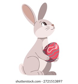 Cute white Easter bunny sitting with red egg vector illustration funny rabbit cartoon character ideal for holiday celebration spring festive and seasonal themed designs