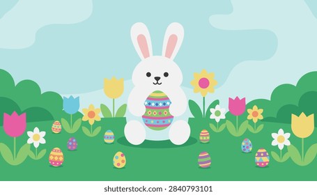 Cute white Easter bunny sitting in a grassy garden filled with colorful tulips, daisies, and Easter eggs.