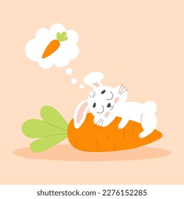 Frisch weißer Osterhase schläft auf großer Karotte. Cartoon, Vektorgrafik.