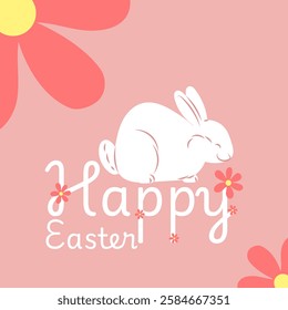 Cute white easter bunny smelling flowers on a pink background with the words happy easter written in white script