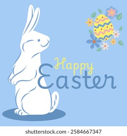 Cute white easter bunny standing near decorated easter egg and spring flowers with happy easter greeting