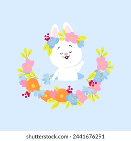 Cute white Easter bunny with a wreath of spring flowers