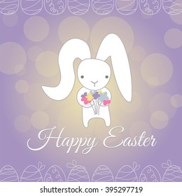 Cute white Easter little Bunny brings spring bouquet flower on lilac background. Funny Easter hand drawing rabbit character.