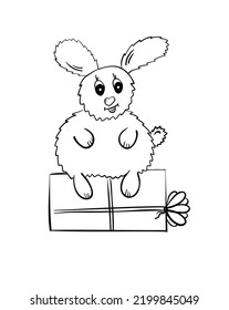 Cute white easter rabbit. Funny easter Bunny. Rabbit sitting on a christmas gift. Symbol of the new year 2023. Vector, Illustration.