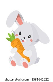 Cute white easter rabbit with orange carrot sitting isolated on transparent backdrop. Happy bunny holding vegetable. Cartoon small kawaii holiday animal. Invitation design. Vector flat illustration