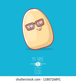 cute white egg cartoon kawaii character isolated on blue background. My name is egg vector concept illustration. funky farm food or easter character with eyes and mouth