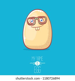 cute white egg cartoon kawaii character isolated on blue background. My name is egg vector concept illustration. funky farm food or easter character with eyes and mouth