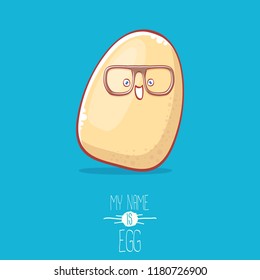 cute white egg cartoon kawaii character isolated on blue background. My name is egg vector concept illustration. funky farm food or easter character with eyes and mouth