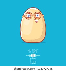 cute white egg cartoon kawaii character isolated on blue background. My name is egg vector concept illustration. funky farm food or easter character with eyes and mouth