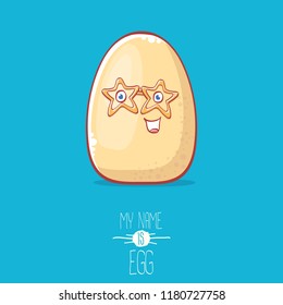 cute white egg cartoon kawaii character isolated on blue background. My name is egg vector concept illustration. funky farm food or easter character with eyes and mouth