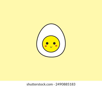 Cute white egg on a yellow background with a smile expression. Art, cartoons, food, protein, vector, icons and emoji. Flat cartoon style. 