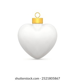 Bucle caro dorado elegante blanco lindo de la forma del corazón de la bola del juguete del árbol de navidad para colgar la Ilustración vectorial realista. Premium Navidad abeto tierno chuchería diseño decorativo vacaciones de invierno celebrar
