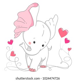 Cute white elephant. Hand drawn cartoon baby elephant illustration. It can be used for baby t-shirt design, fashion print, velentines day card, poster, design element for children's clothes