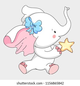 Cute white elephant hand drawn cartoon baby elephant vector illustration. It can be used for baby t-shirt design, fashion print, cards, design element for children's clothes