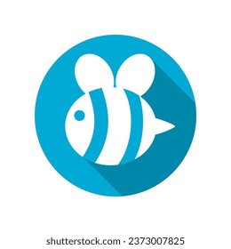 Cute white fat bee flying on blue circle icon flat vector design