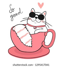 cute white fat cat and sun glasses sleeping in coffee cup  draw