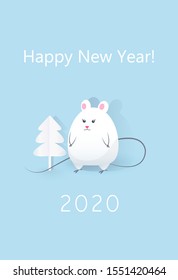 Cute white fat mouse. Christmas tree in paper style. Happy New Year Greeting Card 2020. Isolated 3D objects.