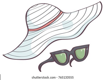 Cute white female hat with retro black sunglasses, isolated vector drawing on white background