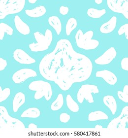 Cute white floral elements  at the blue background. Vector hand drawn paint seamless pattern