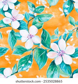 Lindo floral blanco con verde deja un patrón de acuarela sin fisuras sobre fondo naranja. Ilustración vectorial de flores. Impresión de acuarela en estilo rústico vintage, textil o Fondos de pantalla.