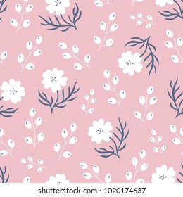 Cute white floral pattern over pink background. Vector illustration