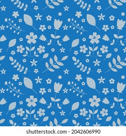 Silueta blanca y suave de color floral sobre fondo azul marino. Ideal para papel pintado, textil, decoración casera, papel para envolver regalos y tarjetas de felicitación. 