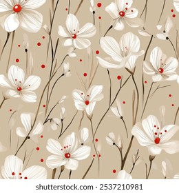 Cute white floral seamless watercolor pattern with watercolor background. Flower vector illustration. Watercolor print in rustic vintage style, textile or wallpapers.