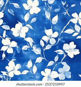 Cute white floral seamless watercolor pattern on blue background. Flower vector illustration. Watercolor print in rustic vintage style, textile or wallpapers.