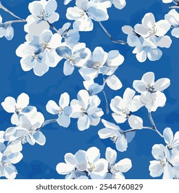 Cute white floral seamless watercolor pattern on blue background. Flower vector illustration. Watercolor print in rustic vintage style, textile or wallpapers.