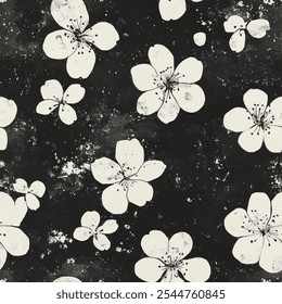 Lindo patrón de acuarela transparente floral blanco sobre fondo negro. Ilustración vectorial de flores. Impresión de la acuarela en estilo rústico vintage, textil o Fondos de pantalla. Lindo blanco floral sin fisuras de acuarela