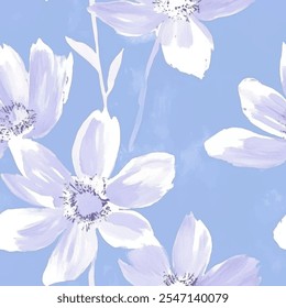 Cute white floral seamless watercolor pattern on blue background. Flower vector illustration. Watercolor print in rustic vintage style, textile or wallpapers.