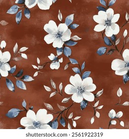 Cute white floral watercolor seamless pattern with brown watercolor background. Flower vector illustration. Watercolor print in rustic vintage style, textile or wallpapers.