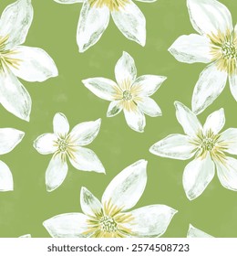 Cute white florals watercolor seamless pattern on green background. Flower vector illustration. Watercolor print in rustic vintage style, textile or wallpapers.