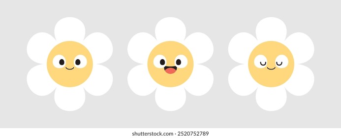 Cute white flower cartoon character with facial expression. Flat design illustration.