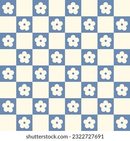 cute white flower on blue retro checkerboard backgrounds. swap color,repeat texture,grid,vector illustration,Minimal Design for text,packaging, prints,fashion,fabric,wall decoration,wallpapers