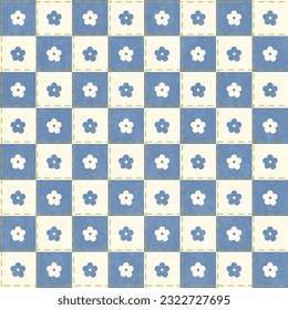 cute white flower on blue retro checkerboard backgrounds. swap color,jean texture,dotted line,vector illustration,Minimal Design for text,packaging, prints,fashion,fabric,wall decoration,wallpapers