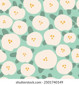 Cute white flower on light  background, seamless pattern. Vector illustration.	
