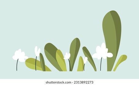 Flores blancas con el concepto de césped. Estética y elegancia. Símbolo de la estación primaveral, flora. Pegatina para medios sociales y mensajeros. Dibujo vectorial plano de dibujos animados aislado en fondo azul