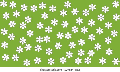 Cute white flowers with green spring background. Vector.