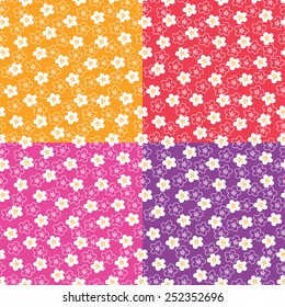 Cute white flowers on colorful background. A set of four bright floral vector patterns. 