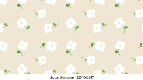 Cute white flowers pattern on beige background. Adorable flora pattern for textile, wrapping paper, wallpaper. Flat vector illustration