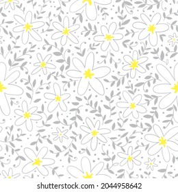 Cute white flowers with yellow hearts and small gray twigs and leaves. Seamless botanical pattern. Vector image.