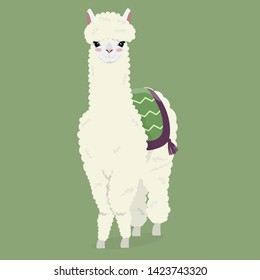 Cute white fluffy alpaca on a green background. Vector image.