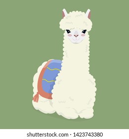 Cute white fluffy alpaca on a green background. Vector image.